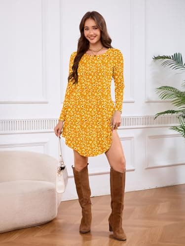 DEARCASE Women's Long Sleeve T Shirt Dress Floral Yellow Crush Flower Medium Crewneck Knee Length Loose Casual Flowy Swing Tunic Dresses with Pockets - Thumbnail 4