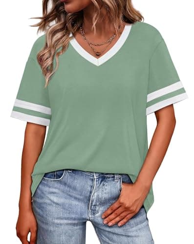 WIHOLL Plus Size Clothes for Women Clothing Women's Tops, Tees & Blouses Spring Tops 2026 Oversized Tshirts Beach Vacation Clothes Summer Outfits V Neck Fashion Eatster Shirts Light Green 2XL - Thumbnail 2