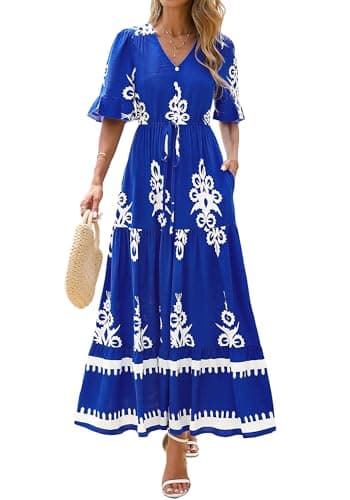BTFBM Boho Dresses for Women 2026 Summer Spring Casual Floral Short Sleeve V Neck Flowy A-Line Maxi Party Dress Pockets(Floral Blue White, Medium) - Thumbnail 2
