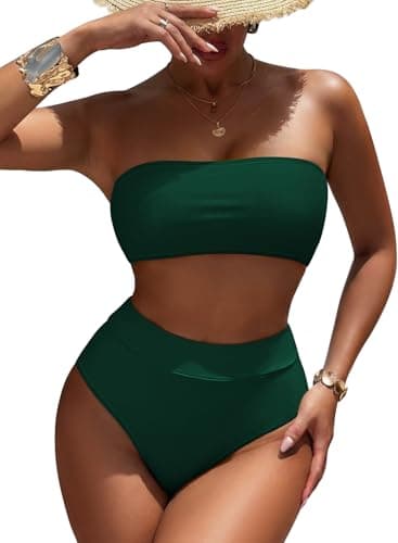 Pink Queen Women's High Waisted Bikini Set 2 Pieces Bandeau Swimsuit Bathing Suit Swimwear Dark Green S - Image 1