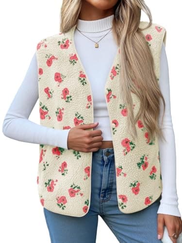 Cicy Bell Womens Fuzzy Fleece Vest Fall Floral Sleeveless Sherpa Jacket Lightweight Button Down Warm Outerwear with Pockets - Image 1