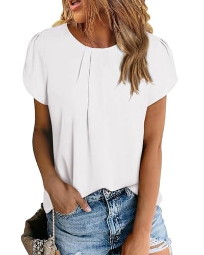 PRETTYGARDEN Women's Tops 2026 Casual Summer Round Neck Short Sleeve Basic Pleated Loose Fit Blouses Plain Tunic Shirts(White,X-Large) - Image 1