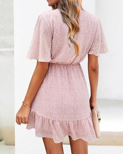 KIRUNDO Womens Summer Dresses 2026 Casual Spring Short Sleeve V Neck Ruffle Floral Print High Waist Belted Flowy Mini Dress(Large, Pink) - Thumbnail 2