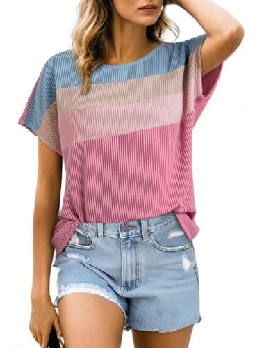 Dokotoo Cute Summer Tops for Women Crew Neck Shirts Fashion 2026 Short Sleeve Shirts Casual Ribbed Knit Blouses Basic Tee Lightweight Pullover Colorblock Top Bright Pink XX-Large - Image 1