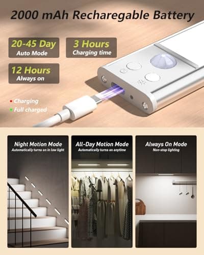 SZOKLED Motion Sensor Light Indoor, Rechargeable Closet Lights Battery Operated, Dimmable Under Cabinet Lighting for Kitchen, Stair, Wardrobe, Pantry, 4Pack (9.84inch) - Thumbnail 3
