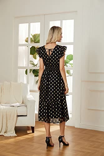 GRACE KARIN 2026 Womens Summer Dresses V Neck Ruffle Sleeve Floral Boho Beach A-Line Dress Black-Polka Dot XX-Large - Thumbnail 5