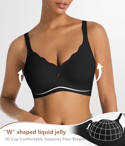 POSESHE Womens Comfortable Wave Wireless Bras Push Up Seamless Bralettes Soft V Neck Brassiere Scalloped Full Coverage Everyday Basic Bra Black - Thumbnail 3