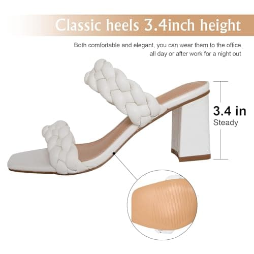 Athlefit White Braided Heeled Sandals for Women Fashion Square Open Toe Comfortable Slip on Block Heels Size 7 - Thumbnail 4