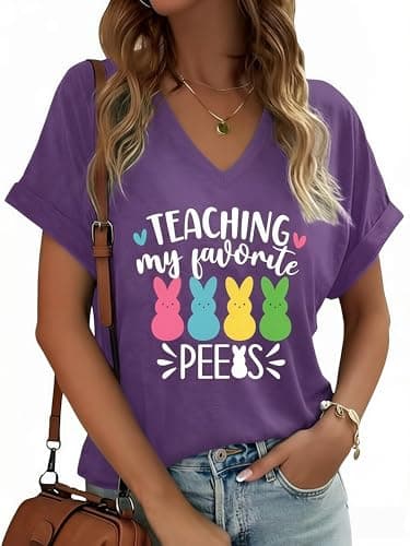 Easter Shirts for Women V Neck Happy Easter T Shirt Easter Bunny Tee Cute Rabbit Graphic Tops Purple - Image 1