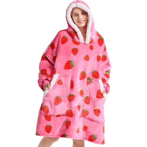 Kipswiza Strawberry Wearable Blanket Hoodie - Soft Cozy Sherpa Fleece Oversized Hooded Blankets Sweatshirt Birthday Gifts for Women Girls Sisters Mom Daughter - Image 1