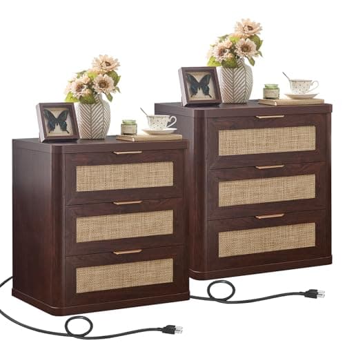 LEYAOYAO Rattan Night Stand Set of 2 with Charger Station, 23" Large 3 Drawer Boho Nightstand, Walnut Bedside Table Storage Cabinet, Bed Side End Tables for Bedroom, Living Room, Hallway - Image 1