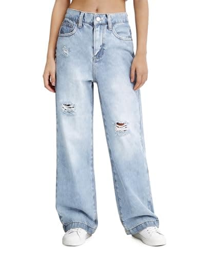PATPAT Girls Baggy Ripped Jeans 5-14Y, Y2K Vintage Mid Waist Wide Leg Jeans, Trendy Denim Pants with Elastic Waist & Pockets - Image 1