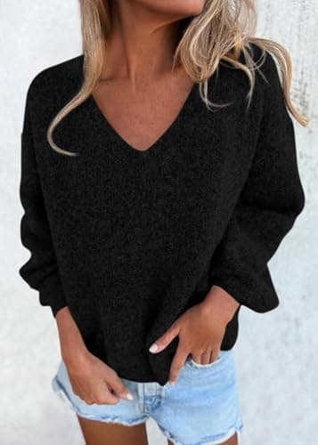 KIRUNDO Sweaters for Women Fall 2026 Oversized V Neck Cozy Cute Casual Long Sleeve Knit Pullover Trendy Winter Clothing(Black, X-Large) - Thumbnail 3