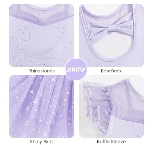 Girls Ballet Leotards 3 Pcs Set Ruffle Sleeve Dance Dress with Removable Tutu & Scrunchy Bow Back Combo Size 9-10 Purple - Thumbnail 5