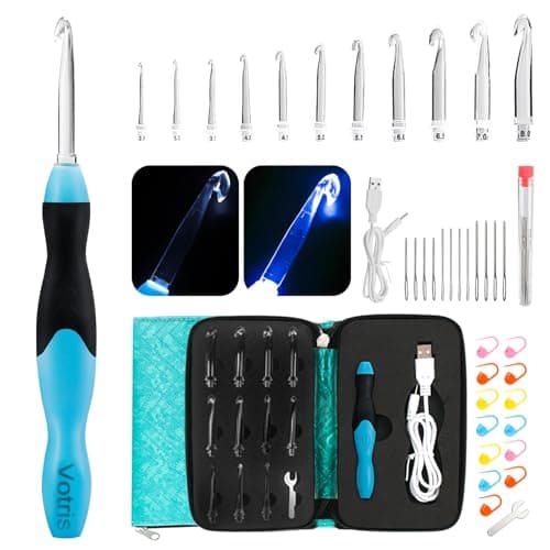 Votris Light Up Crochet Hook Set - 11 in 1 Lighted Crochet Hook Set for Beginners, Ergonomic Soft Grip, Rechargeable Light, Interchangeable Heads - Ideal Crochet Hooks Kit, Gift - Image 1