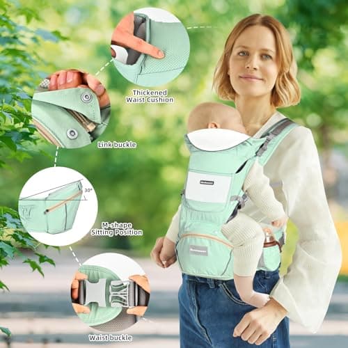 Boobezeen Baby Carrier with Hip Seat, Ergonomic M Position 6-in-1 Baby Carrier Newborns to Toddlers, Adjustable Baby Holder Carrier, All Seasons(Green) - Thumbnail 2