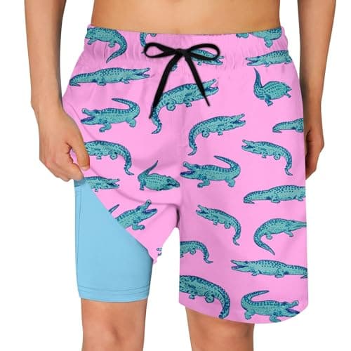Cozople Teen Boys Crocodile Swim Trunks Size 14-16 Swimwear Quick Dry UPF50+ Stretchy Compression Lining Bathing Suits Blue Sports Surfing Boardshorts Swimsuit with Inner Boxer Brief Shorts - Image 1