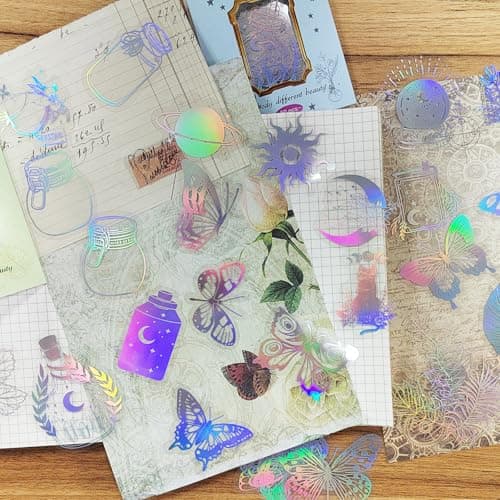 YAKUNCL 200 Pcs Holographic Aaesthetic Stickers – DIY Waterproof Decorative Stickers – Transparent Retro Resin Stickers for Water Bottles Laptops Scrapbook Journal - Thumbnail 3