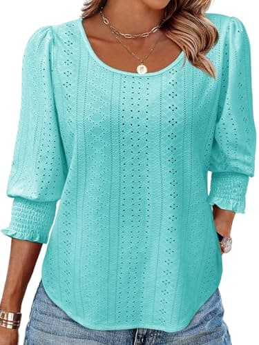 Tankaneo Women's Turquoise Eyelet Lace Puff Sleeve Blouse Round Neck Smocked Cuff Casual Top Dressy Shirts 2025 - Image 1