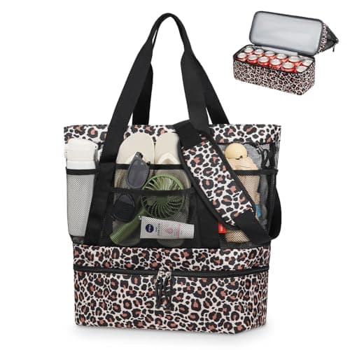WOOMADA Beach Tote Bag With Cooler, Large Mesh Beach Bags for Women with Wet Pocket, Pool, Swim, Travel Essentials（Brown Leopard） - Image 1