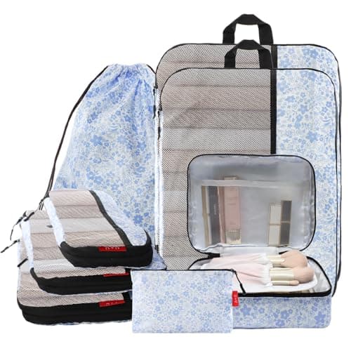 U+U 8 Set Compression Packing Cubes - Ultralight Travel Organizers with Laundry Bag and Cosmetic Bag, Space-Saving Suitcase Organizer for Travel, Business Trip and Family Vacation (Blue Flower) - Image 1
