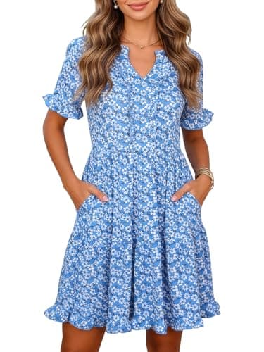 Berydress Women's Casual Summer Dresses with Pockets 2026 V Neck Short Sleeve Floral Print Tiered Ruffle Flowy Cute Boho Beach Mini Dress(S,6316-Blue Daisy) - Image 1