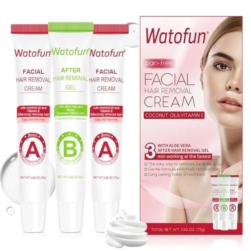 Watofun Facial Hair Removal Cream, Remover for Face & Body, Soothing Aloe Gel, For Sensitive Skin, With Coconut Oil, Vitamin E, Painless Hair Remover for Upper Lip, Chin, Eyebrows for Women & Men - Image 1