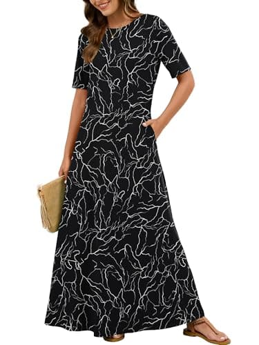 KORSIS Women's Short Sleeve Maxi Dress Casual Fall Winter Long T-Shirt Floral XL Dresses Loose Fit Layering Sundress with Pockets - Image 1