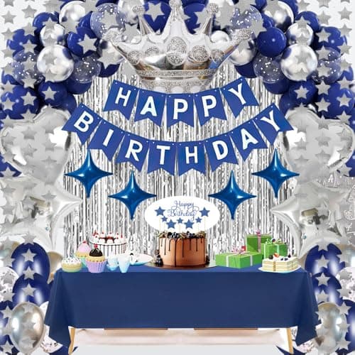 Navy Blue Happy Birthday Party Decorations Set for Men Women , Banner, Star Garland ,Crown Balloon ,Fringe Curtains, Cake Topper，tablecloth for 16th 18th 21st 25th 30th 40th 50th Party Supplies