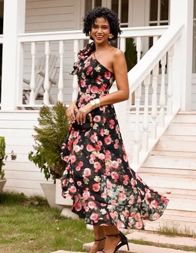 GRACE KARIN Women 2026 Summer One Shoulder Dresses Sleeveless Floral Flowy Boho Smocked Maxi Sundresses Black 8 - Thumbnail 4