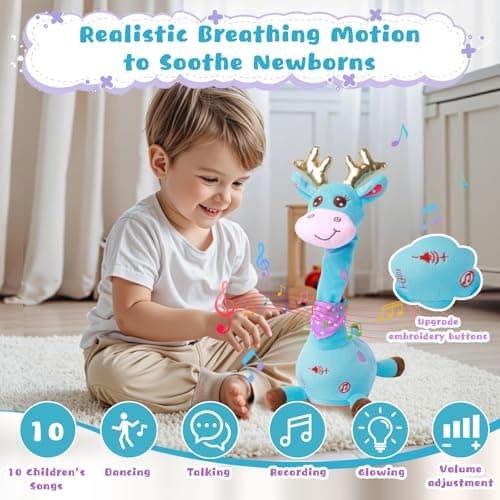 MIAODAM Dancing Talking Giraffe Stuffed Animal, Singing 10 Children's Song, Baby Toy Repeats What You Say, Christmas Colorful Glowing Giraffe Plush Interactive Toys for Toddlers 1-3 Year(Blue - Thumbnail 2