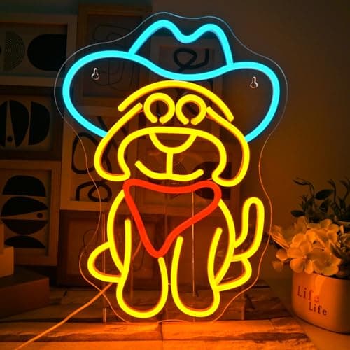NXYX Cowboy Dog Neon Sign for Wall Decor Dog with Cowboy Hat Led Light Sign for Pet Shop,Bedroom,Wall,Home,Western Party Decor Gift for Children Lover Dimmable Animal Neon Signs - Image 1