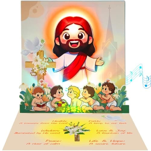 mountova Baptism Card with Light & Music – Pop-Up Jesus Christening Card, Musical Light-Up Christian Keepsake Card for Boy or Girl, Religious Gift for Baptism & Christening