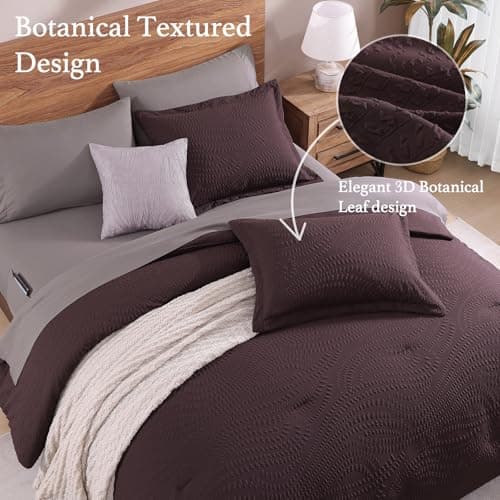 Geniospin Full Size Comforter Set - 7 Pieces Purple Bedding Set, Botanical Textured Comforter Set, All Season Comfortable Bed in a Bag with Comforter, Sheets, Pillowcases & Shams - Thumbnail 5