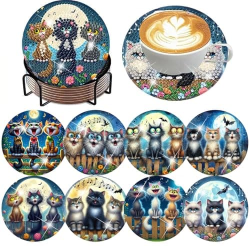 ijbnhd Cat Diamond Painting Coasters Kits, 8 Pieces Cat Diamond Art Coasters with Holder, DIY Art kit for Beginners 4X4inch (Cork Wooden Pad) - Image 1