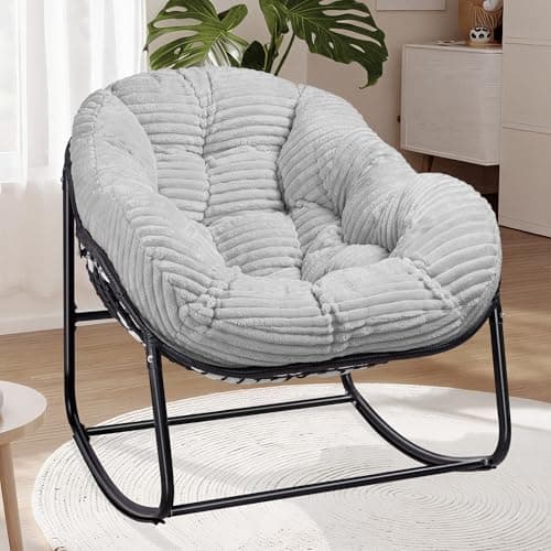 Halituny Indoor Rocking Chair, Oversized Outdoor Lounge Chair with Thick Corduroy Cushion & Straps, Wicker Modern Comfy Rocker Egg Chair for Living Room, Bedroom, Porch and Courtyard, Light Gray - Image 1