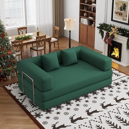 BSHOMGI 4-in-1 Foldable Sofa Bed Teddy Fabric Foam-Filled Compressed Couch, Convertible Loveseat Sofa, Boneless FoldingSleeper for Living Room, Guest Bed, Playroom (Green, 59” 2 Seat) - Image 1