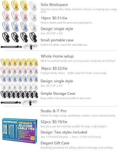 KLKE 52-Pack Silicone Cable Ties, Reusable Cord Organizer Straps With 2 Binding Methos, Durable & Stretchable Wire Management for Home, Office, Travel (Multicolor) - Thumbnail 2