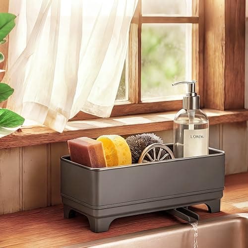 MOUKABAL Sponge Holder for Kitchen Sink – Rustproof Stainless Steel, 360° Rotating Drain Pipe, Large Counter Organizer with Drip Tray for Sponges, Brushes & Dish Cloths Grey - Image 1