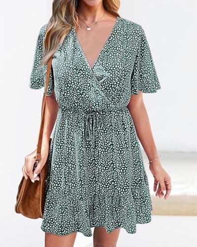 KIRUNDO Womens Summer Dresses 2026 Casual Spring Short Sleeve V Neck Ruffle Floral Print High Waist Belted Flowy Mini Dress(Dark Green, Large) - Thumbnail 3