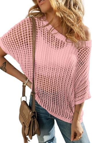 ONLYSTORY Women's Summer Crochet Tops Short Sleeve Hollow Out Knit Cover Ups Off Shoulder Casual Beach Vacation Resort Sweater,Pink,L - Image 1