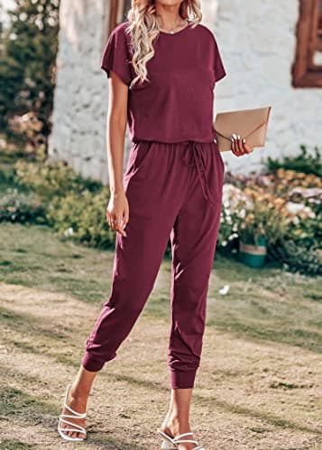 KIRUNDO Jumpsuits for Women Summer 2026 Casual Short Sleeve One Piece Outfits Drawstring Waist Long Pants Romper Jumpers(Wine Red, Large) - Thumbnail 3
