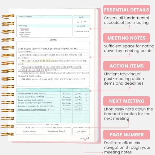 Yoment Meeting Notebook for Work with Action Items Hardcover Spiral 5.5X 8.5 Office Project Planner for Women Men Meeting Notes Notebooks for Work, Pink - Thumbnail 2