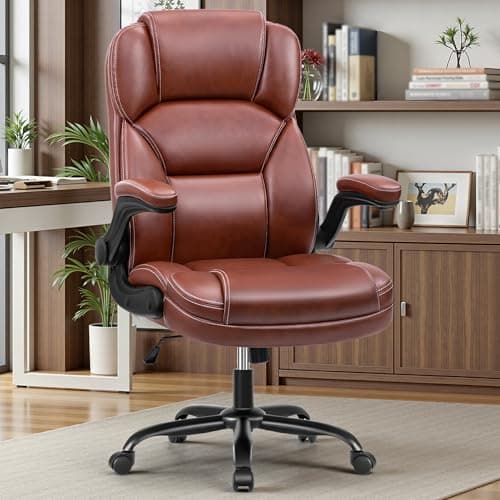 PU Leather Executive Office Chair, Ergonomic High-Back Computer & Gaming Chair with Adjustable Height, Rolling Swivel & Flip-Up Armrests, Comfy Padded Seat for Home Office-Brown - Image 1