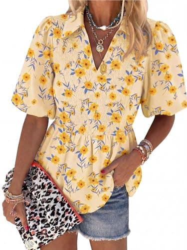 Womens Puff Sleeve Floral Babydoll Tops Lapel Collar V Neck Ruffle Peplum Blouse Smocked Tunic Top Dressy Tee Shirts - Image 1