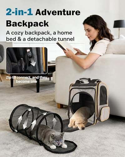 Cat Backpack Carrier with Detachable Round Play Tunnel, 2 in 1 Expandable Cat Backpack with Breathable Mesh,Cat Carrying Backpack for Cat 17lbs & Small Dog 13lbs,Grey Orange. - Thumbnail 3