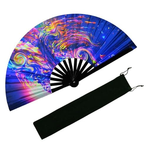 EOSAU UV Glow Large Rave Fan Folding Hand Fans for Line Dancing Portable Handheld Clack Fan for Festival EDM Party Music Outfit Accessories (13" Waves) - Image 1
