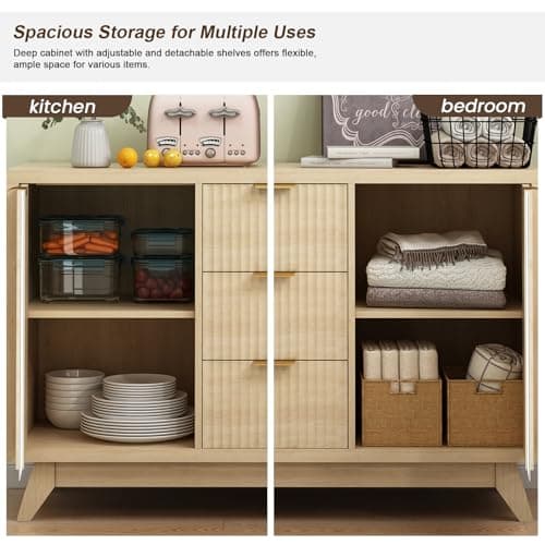 GlouMod Fluted Sideboard Buffet Cabinet with Storage, 47" Modern Mid Century Coffee Bar Storage Cabinet with Doors and Drawers, Narural Oak - Thumbnail 4