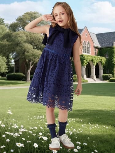ALLOVIN Girls & Toddlers Sleeveless A-Line Lace Party Dress Birthday Wedding & Flower Girl Dress with Beaded Bowknot | Navy Blue | 3-4T - Thumbnail 2