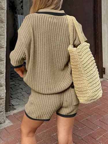 Cicy Bell Womens 2 Piece Short Sets Summer Sweater Outfits Short Sleeve Collared Tops Vacation Color Block Knit Lounge Sets - Thumbnail 4